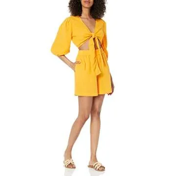 The Drop Women's Natasha Gauze Cropped Tie-Front Puff Sleeve Top