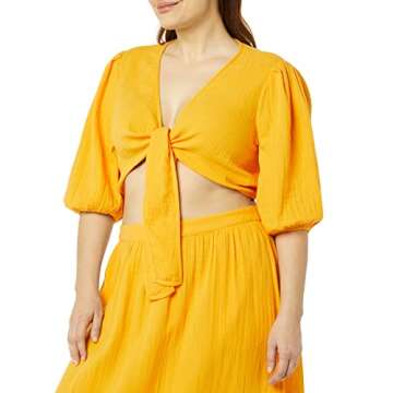 The Drop Women's Natasha Gauze Cropped Tie-Front Puff Sleeve Top
