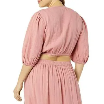 The Drop Women's Natasha Gauze Cropped Tie-Front Puff Sleeve Top