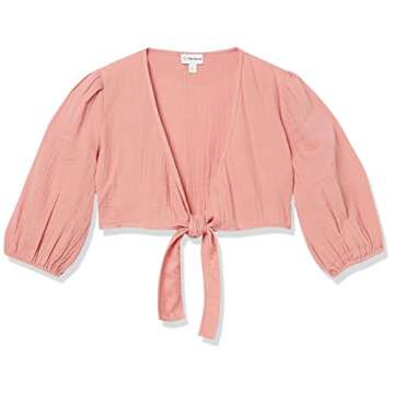 The Drop Women's Natasha Gauze Cropped Tie-Front Puff Sleeve Top