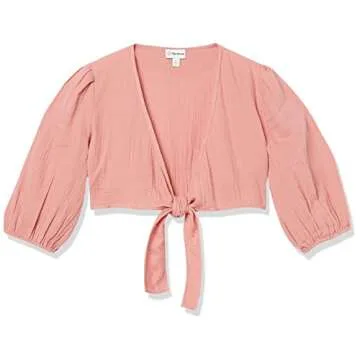 The Drop Women's Natasha Gauze Cropped Tie-Front Puff Sleeve Top