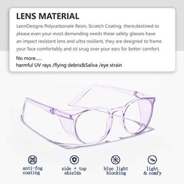 LeonDesigns Stylish Round Safety Glasses Anti-Fog Women | Fashion Eye Protection Blue Light Blocking Glasses with Side Shields | Lab Clear Protection Goggles (Lilac)