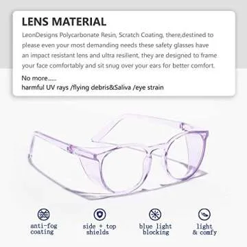 LeonDesigns Stylish Round Safety Glasses Anti-Fog Women | Fashion Eye Protection Blue Light Blocking Glasses with Side Shields | Lab Clear Protection Goggles (Lilac)