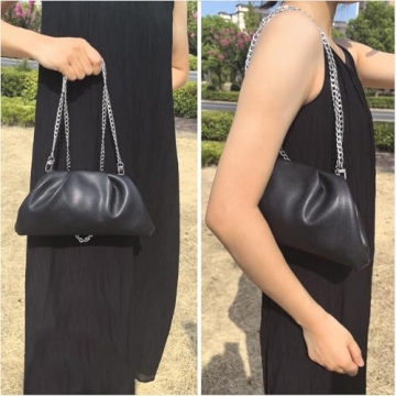 Huralona Dressy Pleated Evening Clutch Chic Soft Vegan Leather Purse Bag Pleated PU Ruched Handbag Adjustable for Women (Black)