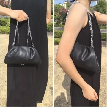 Huralona Dressy Pleated Evening Clutch Chic Soft Vegan Leather Purse Bag Pleated PU Ruched Handbag Adjustable for Women (Black)