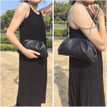 Huralona Dressy Pleated Evening Clutch Chic Soft Vegan Leather Purse Bag Pleated PU Ruched Handbag Adjustable for Women (Black)
