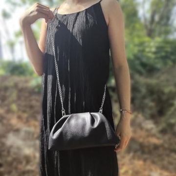 Huralona Dressy Pleated Evening Clutch Chic Soft Vegan Leather Purse Bag Pleated PU Ruched Handbag Adjustable for Women (Black)