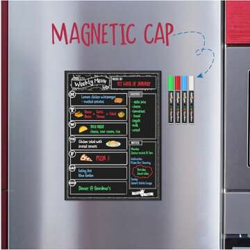 Magnetic Dry Erase Menu Board for Fridge Includes 4 Liquid Chalk Markers - Weekly Meal Planner Black...