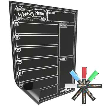 Magnetic Dry Erase Menu Board for Fridge Includes 4 Liquid Chalk Markers - Weekly Meal Planner Blackboard, Grocery List and Notepad for Kitchen Refrigerator - Chalkboard Magnet
