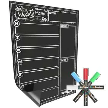 Magnetic Dry Erase Menu Board for Fridge Includes 4 Liquid Chalk Markers - Weekly Meal Planner Blackboard, Grocery List and Notepad for Kitchen Refrigerator - Chalkboard Magnet