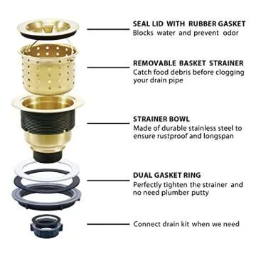 KONE 3-1/2 Inch Gold Sink Drain, Durable Stainless Steel Brass Kitchen Sink Drain Assembly Kit with Sink Strainer Waste Basket/Strainer Assembly/Sealing Lid for Standard Kitchen Sink