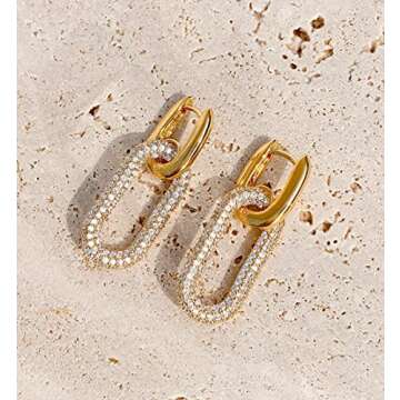 OZEL – CZ Chain Link Dangle Earrings for Women with Cubic Zirconia Stones – 14k Yellow Gold or White Gold Plated Square Oval Round U Shape (G3C0807-2)