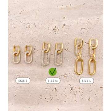 OZEL – CZ Chain Link Dangle Earrings for Women with Cubic Zirconia Stones – 14k Yellow Gold or White Gold Plated Square Oval Round U Shape (G3C0807-2)