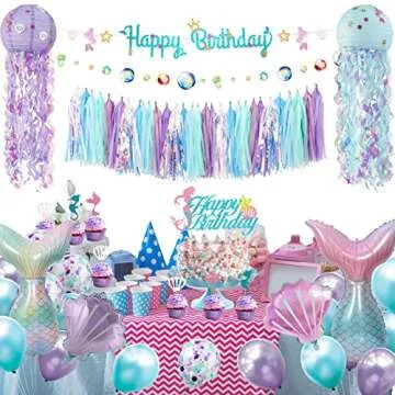 Mermaid Birthday Party Decorations Supplies Banner Tassel Garland Bubble Garland Hanging Jelly Fish Paper Lanterns Balloons Cake Topper Mermaid Happy Birthday Decorations for Kids Girls Women