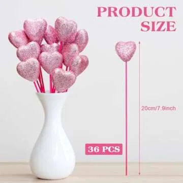 Yuxung 36 Pcs Valentine Glitter Foam Hearts Picks Foam Hearts Stems Wooden Glitter Puffy Picks for V...