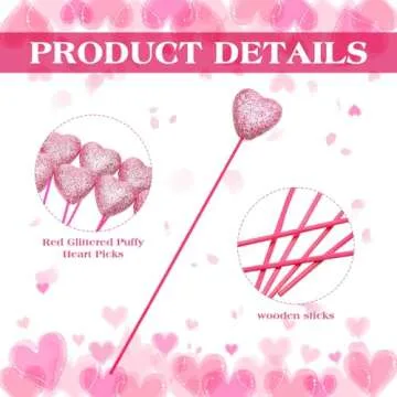 Yuxung 36 Pcs Valentine Glitter Foam Hearts Picks Foam Hearts Stems Wooden Glitter Puffy Picks for Valentine Decorations and Flower Arrangements(Pink)