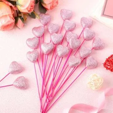 Yuxung 36 Pcs Valentine Glitter Foam Hearts Picks Foam Hearts Stems Wooden Glitter Puffy Picks for Valentine Decorations and Flower Arrangements(Pink)