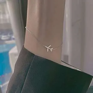 Dtja Crystal Airplane Bracelet for Women Sterling Silver Cute Delicate Fly Plane Adjustable Charm Link Bracelets Airline Jewelry Christmas Gifts Souvenir for Best Friend freedom Lover Wanderlust