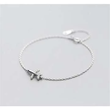 Dtja Crystal Airplane Bracelet for Women Sterling Silver Cute Delicate Fly Plane Adjustable Charm Link Bracelets Airline Jewelry Christmas Gifts Souvenir for Best Friend freedom Lover Wanderlust