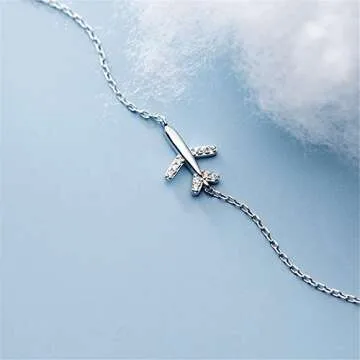 Dtja Crystal Airplane Bracelet for Women Sterling Silver Cute Delicate Fly Plane Adjustable Charm Link Bracelets Airline Jewelry Christmas Gifts Souvenir for Best Friend freedom Lover Wanderlust