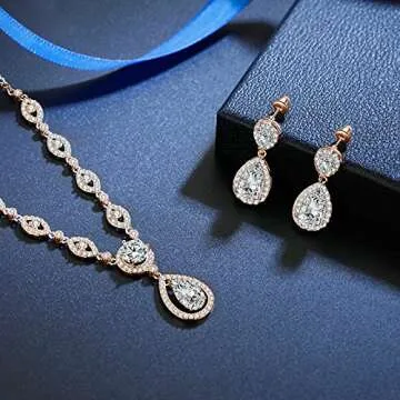 GULICX Jewelry Set for Womens, Rose Gold Plated Teardrop Rhinestone Wedding Bridesmaid Prom Jewelry Set Pendant Necklace Drop Dangle Earrings Set for Brides