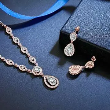 GULICX Jewelry Set for Womens, Rose Gold Plated Teardrop Rhinestone Wedding Bridesmaid Prom Jewelry Set Pendant Necklace Drop Dangle Earrings Set for Brides