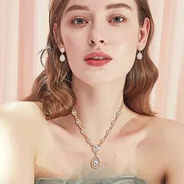 GULICX Jewelry Set for Womens, Rose Gold Plated Teardrop Rhinestone Wedding Bridesmaid Prom Jewelry Set Pendant Necklace Drop Dangle Earrings Set for Brides