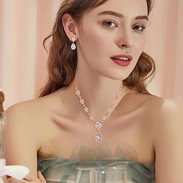 GULICX Jewelry Set for Womens, Rose Gold Plated Teardrop Rhinestone Wedding Bridesmaid Prom Jewelry Set Pendant Necklace Drop Dangle Earrings Set for Brides