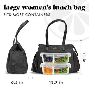 Fit & Fresh Lunch Bag For Women, Insulated Womens Lunch Bag For Work, Stain-Resistant, Lightweight, Large Lunch Box For Women, Zipper, Copley Black