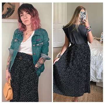 Exlura Womens High Waist Polka Dot Pleated Skirt Midi Swing Skirt with Pockets Black Small