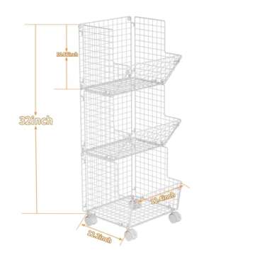 Sonyabecca 3 Tier Rolling Wire Toy Organizer Basket - with Wheel, S-Hooks, Adjustable Chalkboards - Toy Storage Cart Wall Bookshelf for Kids Room, Playroom, Bedroom