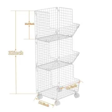 Sonyabecca 3 Tier Rolling Wire Toy Organizer Basket - with Wheel, S-Hooks, Adjustable Chalkboards - Toy Storage Cart Wall Bookshelf for Kids Room, Playroom, Bedroom
