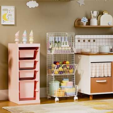 Sonyabecca 3 Tier Rolling Wire Toy Organizer Basket - with Wheel, S-Hooks, Adjustable Chalkboards - Toy Storage Cart Wall Bookshelf for Kids Room, Playroom, Bedroom