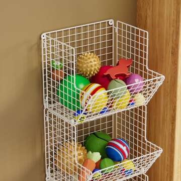 Sonyabecca 3 Tier Rolling Wire Toy Organizer Basket - with Wheel, S-Hooks, Adjustable Chalkboards - Toy Storage Cart Wall Bookshelf for Kids Room, Playroom, Bedroom