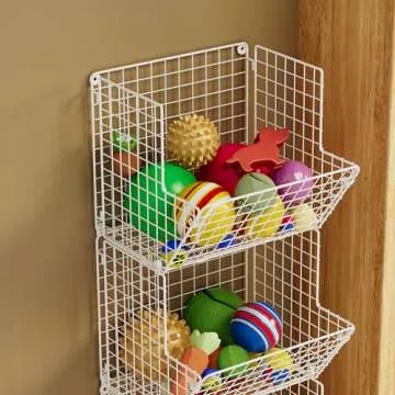 Sonyabecca 3 Tier Rolling Wire Toy Organizer Basket - with Wheel, S-Hooks, Adjustable Chalkboards - Toy Storage Cart Wall Bookshelf for Kids Room, Playroom, Bedroom