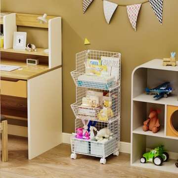 Sonyabecca 3 Tier Rolling Wire Toy Organizer Basket - with Wheel, S-Hooks, Adjustable Chalkboards - Toy Storage Cart Wall Bookshelf for Kids Room, Playroom, Bedroom