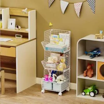 Sonyabecca 3 Tier Rolling Wire Toy Organizer Basket - with Wheel, S-Hooks, Adjustable Chalkboards - Toy Storage Cart Wall Bookshelf for Kids Room, Playroom, Bedroom