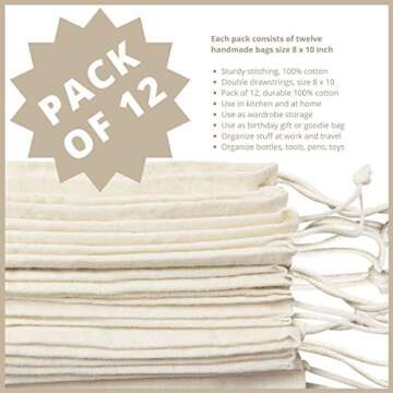 DR 100 Percent Cotton Muslin Drawstring Bags 12-Pack For Storage Pantry Gifts - Unbleached (8 x 10 inch, Beige)