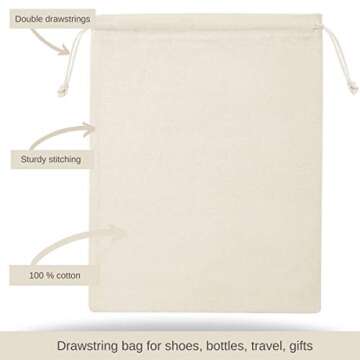 DR 100 Percent Cotton Muslin Drawstring Bags 12-Pack For Storage Pantry Gifts - Unbleached (8 x 10 inch, Beige)