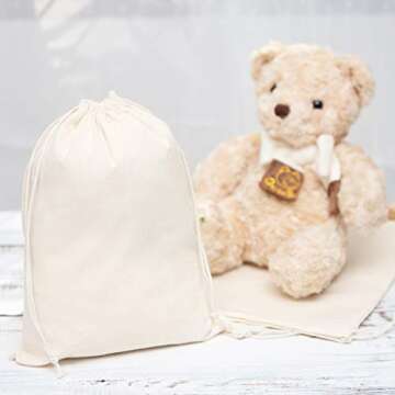 DR 100 Percent Cotton Muslin Drawstring Bags 12-Pack For Storage Pantry Gifts - Unbleached (8 x 10 inch, Beige)