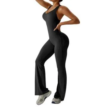 OEAK Womens Flare Jumpsuit Tummy Control Cutout Romper Workout Outfits Sleeveless Unitard Seamless One Piece Backless Bodycon Black S
