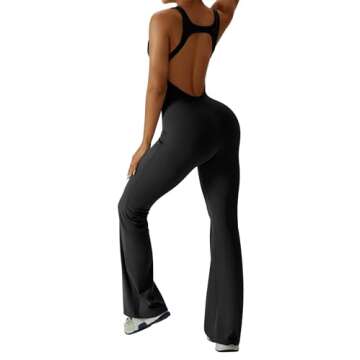 OEAK Womens Flare Jumpsuit Tummy Control Cutout Romper Workout Outfits Sleeveless Unitard Seamless One Piece Backless Bodycon Black S