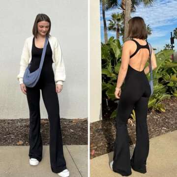 OEAK Womens Flare Jumpsuit Tummy Control Cutout Romper Workout Outfits Sleeveless Unitard Seamless One Piece Backless Bodycon Black S