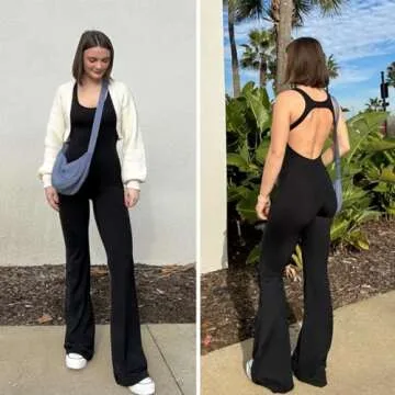 OEAK Womens Flare Jumpsuit Tummy Control Cutout Romper Workout Outfits Sleeveless Unitard Seamless One Piece Backless Bodycon Black S