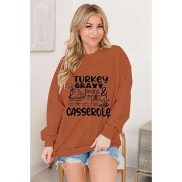KNEYATTA Thanksgiving Sweatshirt Women Turkey Print Sweatshirt Fall Thankful Tee Tops Brown