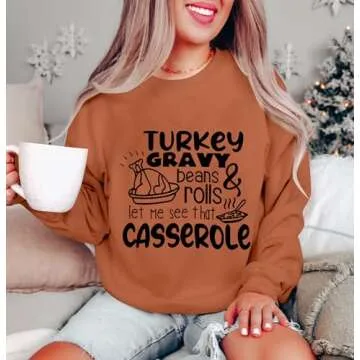 KNEYATTA Thanksgiving Sweatshirt Women Turkey Print Sweatshirt Fall Thankful Tee Tops Brown