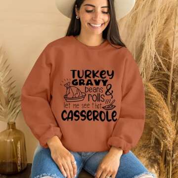 KNEYATTA Thanksgiving Sweatshirt Women Turkey Print Sweatshirt Fall Thankful Tee Tops Brown
