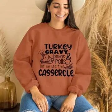 KNEYATTA Thanksgiving Sweatshirt Women Turkey Print Sweatshirt Fall Thankful Tee Tops Brown
