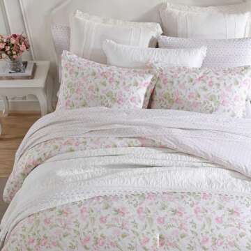 Laura Ashley - Queen Comforter Set, Luxuriously Soft Bedding with Matching Shams, Floral Home Decor (Morning Gloria Pink, Queen)