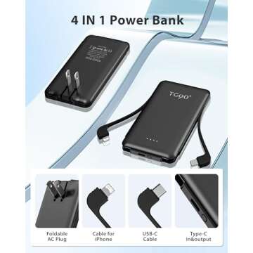 TG90° Power Bank Portable Phone Charger, 5000mAh Small Battery Pack with Built-in Foldable AC Wall Plug and Cables, Ultra Mini Battery Charger Compatible with iPhone16/15 Series and Android Devices